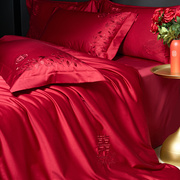 高级婚庆十件套结婚床上用品，四件套纯全棉，大红色新婚喜被六