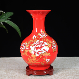 景德镇陶瓷器中国红花瓶摆件，中式家居酒柜装饰品客厅插干花工艺品