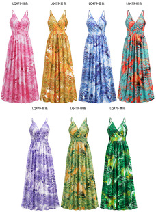 欧美异国风情印花裙，森林度假裙波西米亚沙滩裙，泰国牛奶丝连衣裙