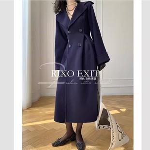 RIXO EXIT法式设计感藏蓝色毛呢外套女冬季羊毛双面长款呢子大衣