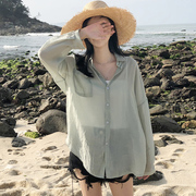防晒衬衫女夏季韩版宽松中长款chic慵懒衬衣，薄款透气雪纺长袖外套