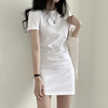 白色圆领t恤连衣裙，女短袖2024夏修身(夏修身)显瘦中长款百搭打底裙子