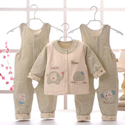 3件男套女宝宝春秋装有机套装薄棉衣婴儿彩棉夹棉背带裤0-1岁