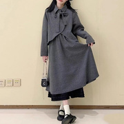 秋季套装女学生韩版宽松不对称格子蝴蝶结外套，+拼接半身裙两件套