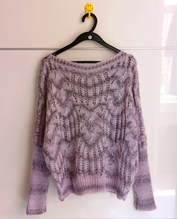 春装女装一字领淡紫色，镂空编织蝙蝠袖毛衣针织衫