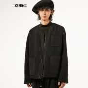 XIEIN写映 设计师男装 提花暗纹口袋拼接圆领开衫式羊毛夹克