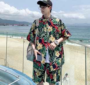沙滩衬衫套装海南岛沙滩服男三亚海边度假花情侣夏威夷衬衣两件套