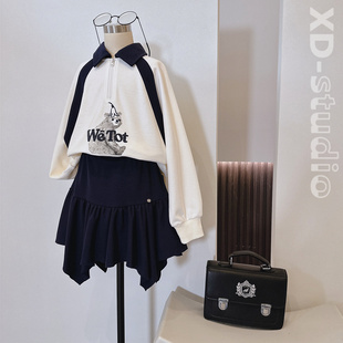 品牌童装2024春款女童韩版半拉链Polo领插肩袖卫衣半身裙套装