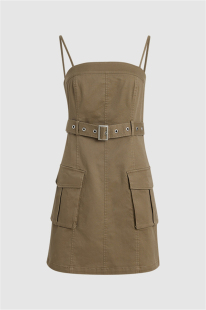 U 夏季女装复古美式工装风口袋吊带H型配腰带连衣裙UWV740033