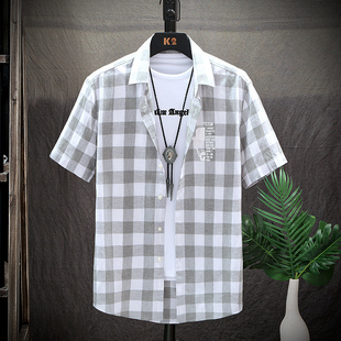 夏季黑白格子衬衫男短袖，韩版潮流帅气寸衣外套工装衬衣纯棉格子衫