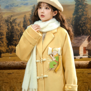 小王子联名森女部落原创氛围感暖黄色中长款毛呢外套呢子大衣