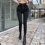 韩国iampretty黑色弹力紧身裤女高腰排扣小脚铅笔裤显瘦长裤