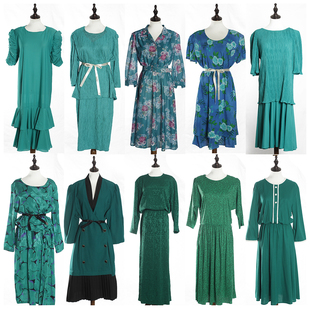 春夏装复古古着vintage浅色，绿色纯色宫廷风，图案百褶长款连衣裙