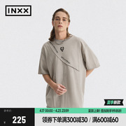 INXXAPYD 美式小众短袖T恤男不规则拼接搭缝毛边五分袖上衣