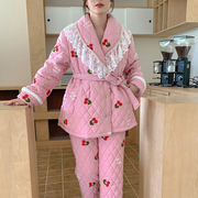 pink grape宫廷风法兰绒睡衣女冬季三层夹棉加厚珊瑚绒家居服套装