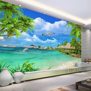 8d电视背景墙壁纸海景沙滩壁画简约风景墙布18d立体客厅影视墙纸