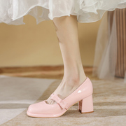 一字带蝴蝶结粉色高跟鞋女2024春季甜酷圆头玛丽珍粗跟单鞋子