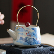 中式家用泡茶汝窑复古提梁壶陶瓷茶具汝瓷开片功夫泡茶器单壶小号