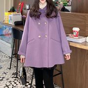 紫色双面羊绒大衣女2023秋冬中长款娃娃领双面呢斗篷毛呢外套