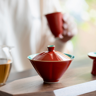 拓土故宫红斗笠盖碗茶杯家用陶瓷，泡茶二才茶碗带盖不烫手功夫茶具