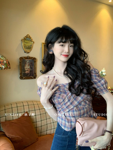 欣子野斑斓紫夏夏气质港味格纹拼接小众设计女上衣衬衫