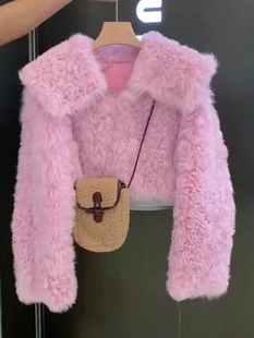 秋冬亲款超好看的短款外套毛绒上衣粉红色高级皮毛一体棉衣7135