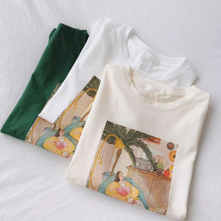日系复古油画印花纯棉短袖T恤女夏季2023设计感休闲圆领上衣