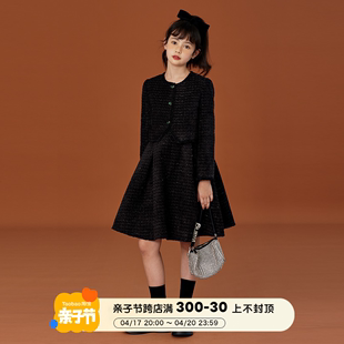 mpeng小香风套装女童外套，秋冬连衣裙高级感黑色，两件套赫本风礼服