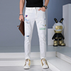 香港男士高端白色破洞牛仔裤，男潮牌修身小脚裤，个性刺绣休闲裤潮流