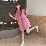 粉色小个子衬衫裙女夏季2023韩版宽松遮肉今年流行a字连衣裙