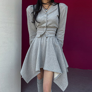 韩国chic早秋复古气质v领长袖，短款卫衣+高腰，显瘦不规则半身裙套装