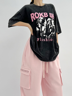 rokbbk-k布韩街舞嘻哈t恤女爵士舞宽松黑色做旧复古短袖hiphop