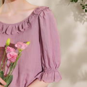 夏季高支苎麻绣花法式娃娃衫甜美少女T恤精致短袖上衣85655