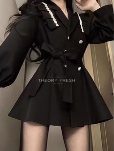 theoryfresh法式名媛风，高级感黑色西装连衣裙，女春秋季设计感礼服