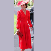 凯特王妃2024法式公主灯笼袖V领收腰大摆长裙中国红色连衣裙