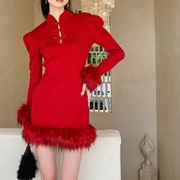 圣诞穿搭毛衣套装战袍主题，装饰限定礼物红色旗袍，改良连衣短裙女新