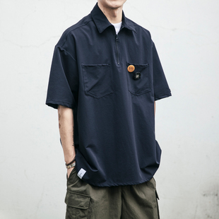 polo衫男潮牌大码短袖夏季薄款宽松日潮工装，衬衫半袖机能保罗衫潮