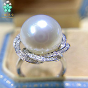 超美金K玫瑰花天然南洋白珠戒指 镜面强光珍珠 冷光白色珍珠戒指
