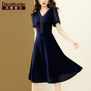 丹慕妮尔法式优雅v领雪纺，连衣裙女夏季短袖，气质收腰a字裙