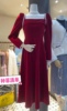 mi2n aaE9099法式方领气质手工钉珠显瘦丝绒大红色连衣裙