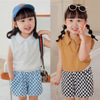 夏季儿童格子短裤背心，两件套韩版童套装polo领中小童，无袖棉热裤潮