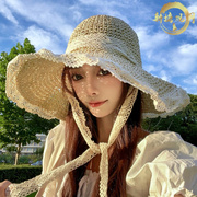 草帽女夏季海边沙滩拍照大檐防晒帽防紫外线法式折叠网红遮太阳帽