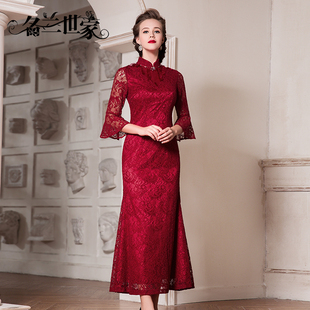 名兰世家原创设计春秋高端蕾丝晚礼服喜婆婆妈妈喜服婚宴红色长裙