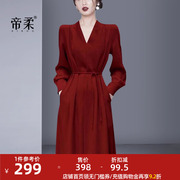 轻奢高级感礼服连衣裙，2023秋季法式复古气质中长裙女红色长袖