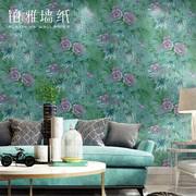 北欧田园花朵墙纸美式乡村复古绿色碎花大花卧室背景客厅壁纸纯纸
