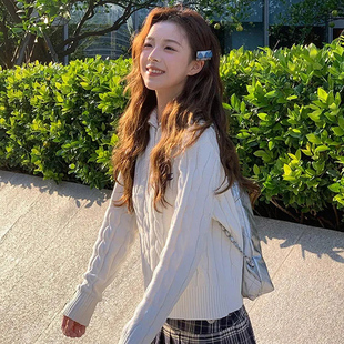 美式复古松弛感半拉链白色高领毛衣女2024新款秋冬慵懒风宽松外套