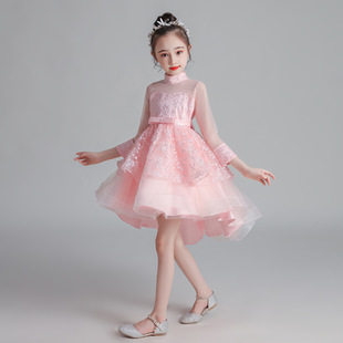 儿童礼服公主裙前短后长女童白色粉色裙子秋冬不规则长袖连衣裙