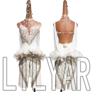 LILIYAR拉丁舞比赛演出女款白色高档定制羽毛闪钻舞裙