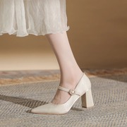 GG。白色高跟鞋女2024年夏季法式仙女风玛丽珍鞋百搭浅口粗跟