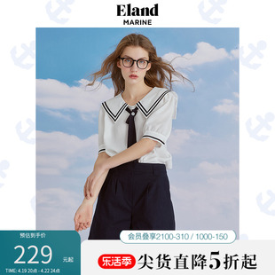 Eland衣恋清新海军风甜美复古小众气质白衬衫女短袖上衣夏季